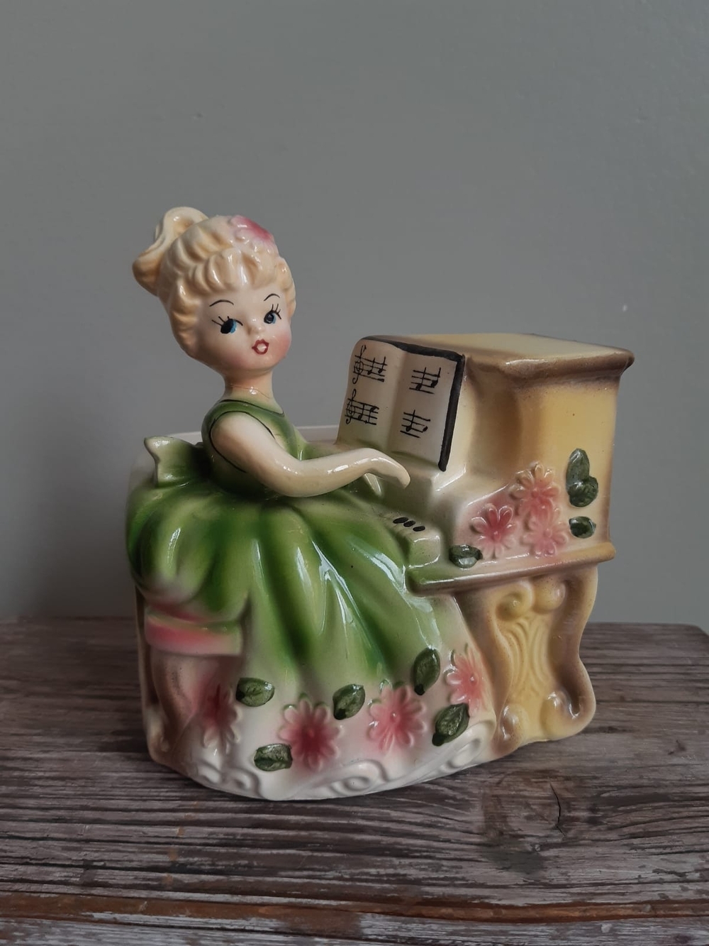1960s Rubens Japan Piano Girl Planter - Green with Daisies